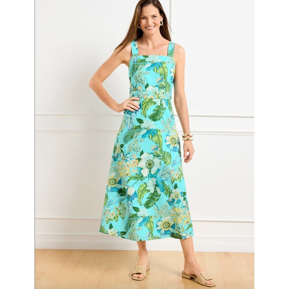 Talbots Linen Cotton Midi Dress Tropical Botanical Blue Green Size 10